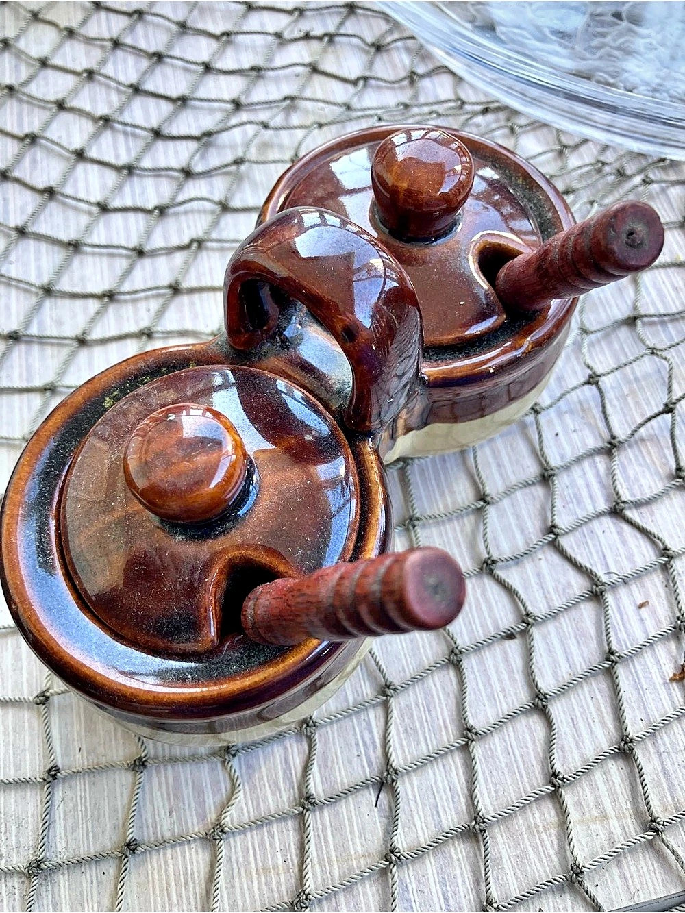 Vintage Earthenware Brown & Cream Ceramic Double Serving Set